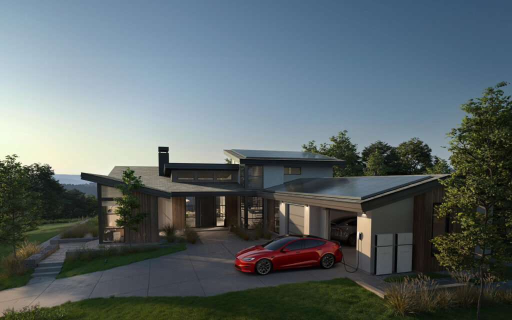 A contemporary home adorned with a Tesla Solar Roof, a Tesla electric car charging in the driveway, and exterior Tesla Powerwalls—a symbol of eco-friendly living.