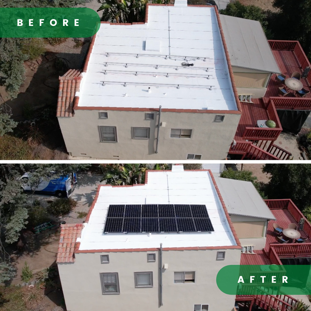 Before and after images showcasing a seamlessly integrated solar panel installation on a rooftop.