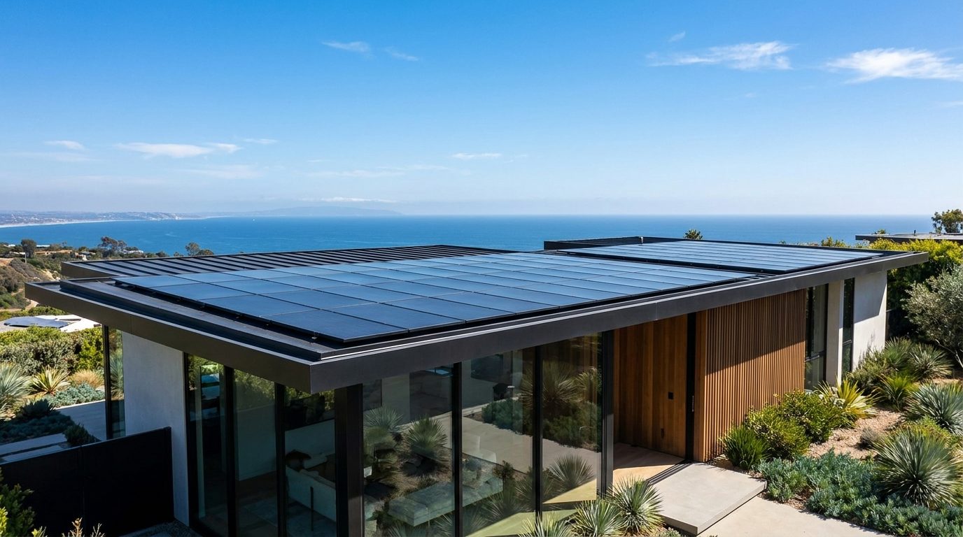 Rooftop solar panels on a Pacific Palisades coastal home installed by Home Upgrade Specialist